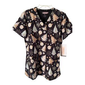 Elite Med Women’s Size L Scrub Top – Christmas Holiday Print – NWT